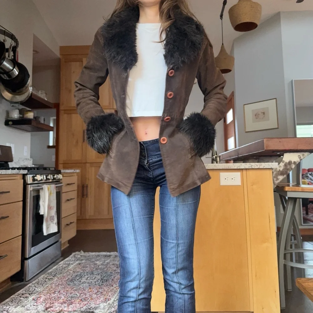 vintage 2000s suede faux fur brown penny lane coat - Picture 3 of 10